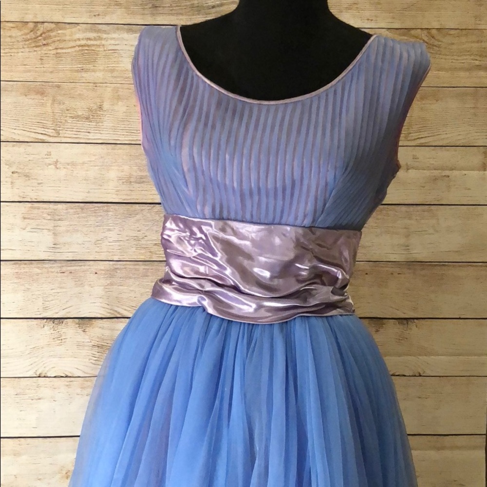 Vtg 50s Blue Party Dress Satin Chiffon